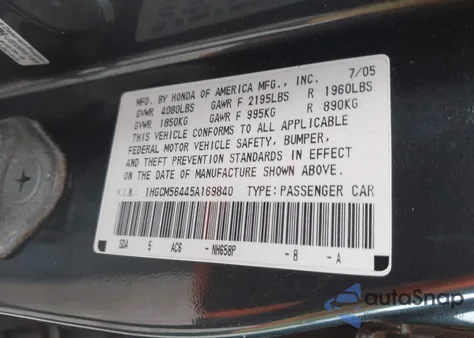 2005 Honda Accord 2.4 Lx из США, поврежденный, VIN 1HGCM56445A169840